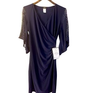 MSK Navy Blue Long Sleeve Dress with rhinestone beading on the sleeves Size M